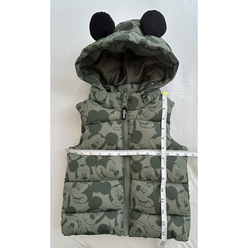 NWOT H&M Disney Mickey Mouse Hooded Puffer Vest Green Zip 3D Ears Toddler 2T